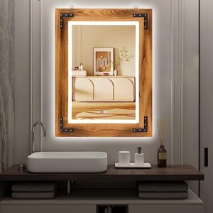kenvc rustic bathroom mirror with 3-color led light，32" x 24" wood bathroom mirror，anti-fog farmhouse wall mirror for vertical or horizontal hanging，led wall mirror，wood frame mirror,brown