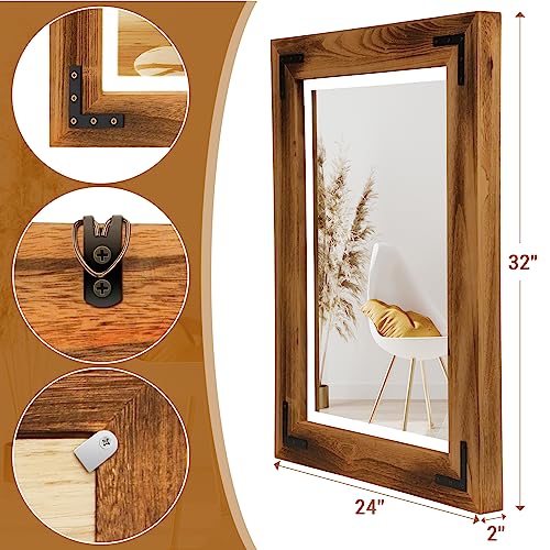 kenvc Rustic Bathroom Mirror with 3-Color LED Light，32" x 24" Wood Bathroom Mirror，Anti-Fog Farmhouse Wall Mirror for Vertical or Horizontal Hanging，Led Wall Mirror，Wood Frame Mirror,Brown