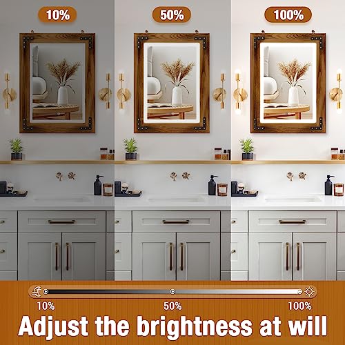 kenvc Rustic Bathroom Mirror with 3-Color LED Light，32" x 24" Wood Bathroom Mirror，Anti-Fog Farmhouse Wall Mirror for Vertical or Horizontal Hanging，Led Wall Mirror，Wood Frame Mirror,Brown