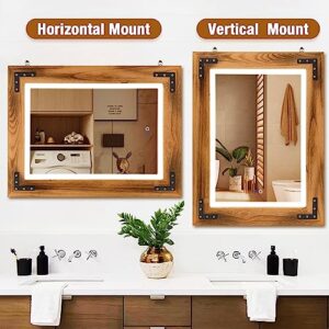 kenvc Rustic Bathroom Mirror with 3-Color LED Light，32" x 24" Wood Bathroom Mirror，Anti-Fog Farmhouse Wall Mirror for Vertical or Horizontal Hanging，Led Wall Mirror，Wood Frame Mirror,Brown