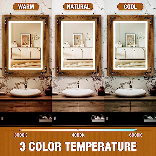 kenvc Rustic Bathroom Mirror with 3-Color LED Light，32" x 24" Wood Bathroom Mirror，Anti-Fog Farmhouse Wall Mirror for Vertical or Horizontal Hanging，Led Wall Mirror，Wood Frame Mirror,Brown