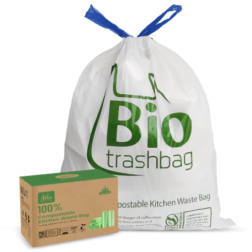 Compostable Drawstring Trash Bags Eco-Friendly, 8 Gallon Medium Garbage Bags Biodegradable,100 Count,100% Compost Bags for Kitchen,Bathroom, Bedroom, Office,US BPI and Europe OK Compost Home Certified