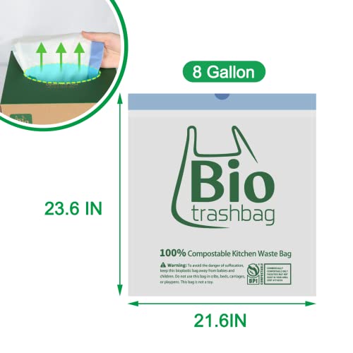 Compostable Drawstring Trash Bags Eco-Friendly, 8 Gallon Medium Garbage Bags Biodegradable,100 Count,100% Compost Bags for Kitchen,Bathroom, Bedroom, Office,US BPI and Europe OK Compost Home Certified