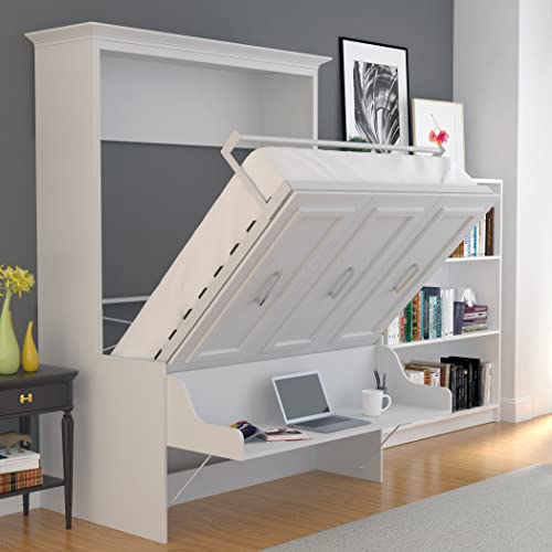 Leto Muro Alegra Full Murphy Bed with Desk | 62-inch Pull Down Wall Bed with Desk Combo for Guest Bed - Home Office Furniture | Space-Saving Furniture | Cabinet Bed Full | White Bed
