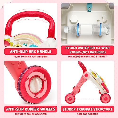 3 in 1 Sit-to-Stand Baby Walker, Activity Center for Baby Girl, Learning Walker, Multifunctional Removable Play Panel, Early Learning Push Music Toys for Infant 12 Months Red