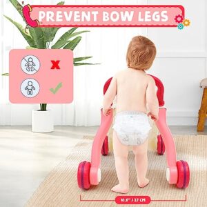 3 in 1 Sit-to-Stand Baby Walker, Activity Center for Baby Girl, Learning Walker, Multifunctional Removable Play Panel, Early Learning Push Music Toys for Infant 12 Months Red