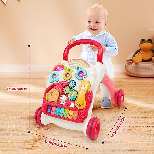 3 in 1 Sit-to-Stand Baby Walker, Activity Center for Baby Girl, Learning Walker, Multifunctional Removable Play Panel, Early Learning Push Music Toys for Infant 12 Months Red