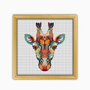 Mandala Giraffe CS206 - Counted Cross Stitch KIT#2. Set of Threads, Needles, AIDA Fabric, Needle Threader, Embroidery Clippers and Printed Color Pattern Inside.