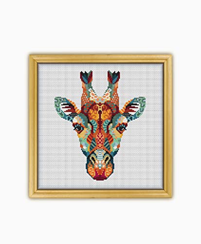 Mandala Giraffe CS206 - Counted Cross Stitch KIT#2. Set of Threads, Needles, AIDA Fabric, Needle Threader, Embroidery Clippers and Printed Color Pattern Inside.