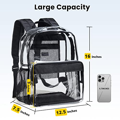 Vorspack Clear Backpack Heavy Duty - PVC Clear Book Bag with Inner Pocket Transparent Backpack for College Workplace Security - Black