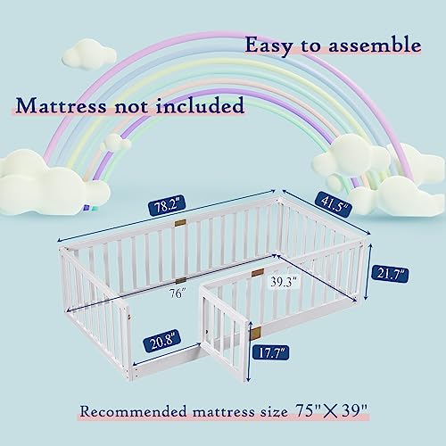 Tatub Twin Floor Bed with Safety Guardrails and Door, Montessori Floor Bed for Kids, Wood Kids Floor Beds Frame, Door Can Install Left and Right, Twin-White