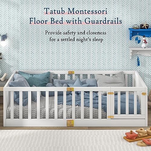 Tatub Twin Floor Bed with Safety Guardrails and Door, Montessori Floor Bed for Kids, Wood Kids Floor Beds Frame, Door Can Install Left and Right, Twin-White