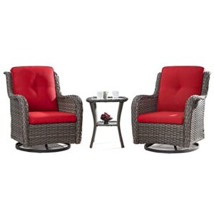 joyside outdoor 360 degree swivel rocker patio chairs sets of 2 and matching side table - 3 piece wicker patio bistro set patio swivel rocker chairs with olefin fabric cushion(brown/red)