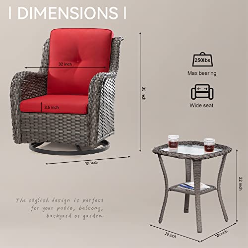 Joyside Outdoor 360 Degree Swivel Rocker Patio Chairs Sets of 2 and Matching Side Table - 3 Piece Wicker Patio Bistro Set Patio Swivel Rocker Chairs with Olefin Fabric Cushion(Brown/Red)