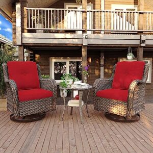 Joyside Outdoor 360 Degree Swivel Rocker Patio Chairs Sets of 2 and Matching Side Table - 3 Piece Wicker Patio Bistro Set Patio Swivel Rocker Chairs with Olefin Fabric Cushion(Brown/Red)