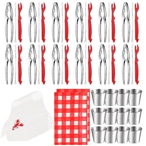 mepase 62 pcs seafood tools set nut cracker set 12 crab crackers, 12 crab forks/picks, 12 lobster shellers, 12 1.7 oz dipping sauce cups, 12 lobster bibs, 2 red checkered disposable plastic tablecloth