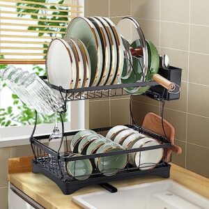 dish drying rack, 2 tier dish racks for kitchen counter, dish drainer dish rack with pots & pans holder, large dish drying rack with drainboard utensil holder cup holder cutting board holder - black