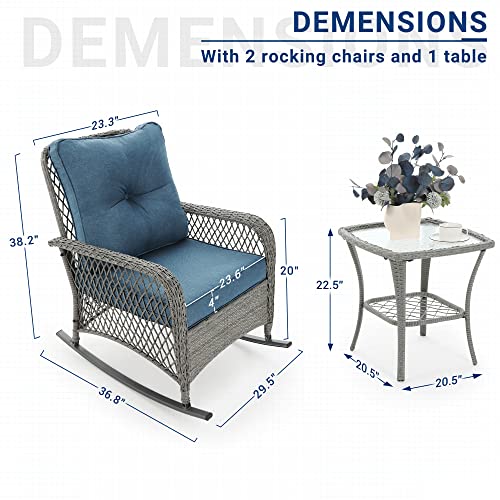 UDPATIO 3 Piece Patio Set Rocking, Rattan Outdoor Rocking Patio Bistro Set with 2 Rockers and 1 Side Table with 4‘’ Thick Cushions for Backyard, Porch, Balcony, Poolside(Blue)