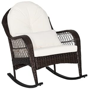 tangkula outdoor wicker rocking chair, patio rattan rocker with seat back cushions & waist pillow, sturdy metal frame, mix brown outdoor rocker for balcony, porch, backyard (1, off white)