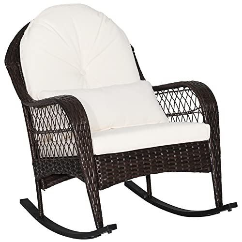 Tangkula Outdoor Wicker Rocking Chair, Patio Rattan Rocker with Seat Back Cushions & Waist Pillow, Sturdy Metal Frame, Mix Brown Outdoor Rocker for Balcony, Porch, Backyard (1, Off White)