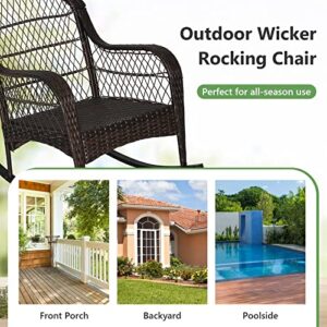 Tangkula Outdoor Wicker Rocking Chair, Patio Rattan Rocker with Seat Back Cushions & Waist Pillow, Sturdy Metal Frame, Mix Brown Outdoor Rocker for Balcony, Porch, Backyard (1, Off White)