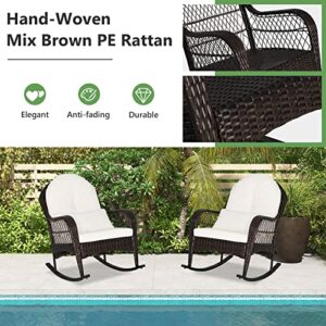 Tangkula Outdoor Wicker Rocking Chair, Patio Rattan Rocker with Seat Back Cushions & Waist Pillow, Sturdy Metal Frame, Mix Brown Outdoor Rocker for Balcony, Porch, Backyard (1, Off White)