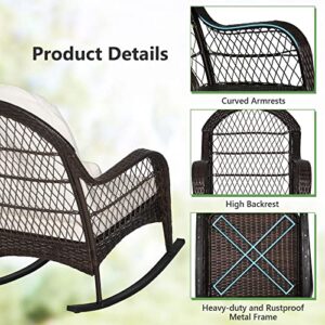 Tangkula Outdoor Wicker Rocking Chair, Patio Rattan Rocker with Seat Back Cushions & Waist Pillow, Sturdy Metal Frame, Mix Brown Outdoor Rocker for Balcony, Porch, Backyard (1, Off White)