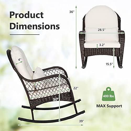 Tangkula Outdoor Wicker Rocking Chair, Patio Rattan Rocker with Seat Back Cushions & Waist Pillow, Sturdy Metal Frame, Mix Brown Outdoor Rocker for Balcony, Porch, Backyard (1, Off White)