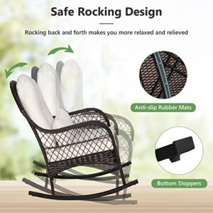 Tangkula Outdoor Wicker Rocking Chair, Patio Rattan Rocker with Seat Back Cushions & Waist Pillow, Sturdy Metal Frame, Mix Brown Outdoor Rocker for Balcony, Porch, Backyard (1, Off White)