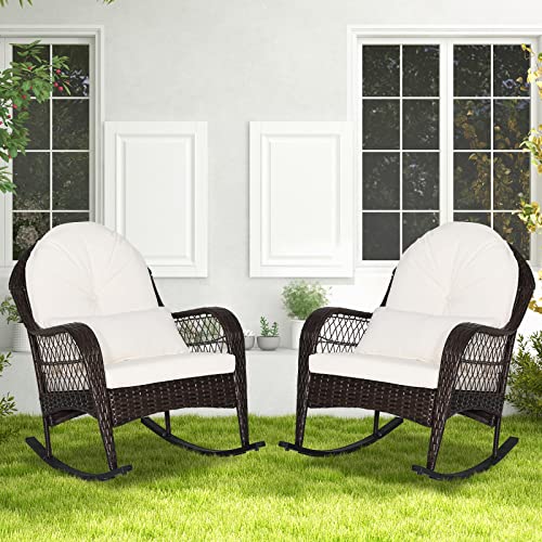 Tangkula Outdoor Wicker Rocking Chair, Patio Rattan Rocker with Seat Back Cushions & Waist Pillow, Sturdy Metal Frame, Mix Brown Outdoor Rocker for Balcony, Porch, Backyard (1, Off White)