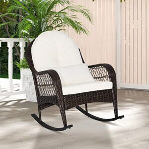 Tangkula Outdoor Wicker Rocking Chair, Patio Rattan Rocker with Seat Back Cushions & Waist Pillow, Sturdy Metal Frame, Mix Brown Outdoor Rocker for Balcony, Porch, Backyard (1, Off White)