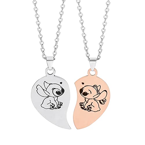 Cartoon Stitch & Angel Necklaces Set - 2Pcs Stainless Steel Chain Pendant Couple Choker Jewelry Accessories, Gifts for Lover