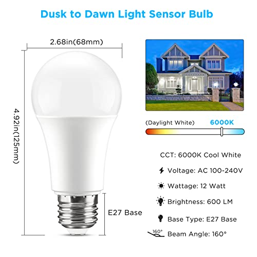 Dusk to Dawn Light Bulbs Outdoor 100 Watt Equivalent - 2 Pack E26 12W Automatic On/Off Sensor Light Bulb Daylight 6000K A19 Outdoor LED Light Bulbs