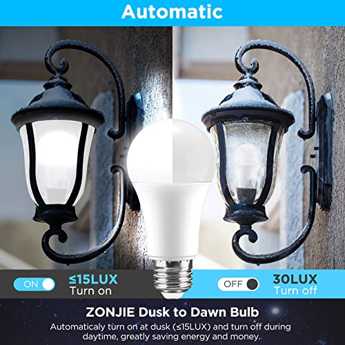 Dusk to Dawn Light Bulbs Outdoor 100 Watt Equivalent - 2 Pack E26 12W Automatic On/Off Sensor Light Bulb Daylight 6000K A19 Outdoor LED Light Bulbs