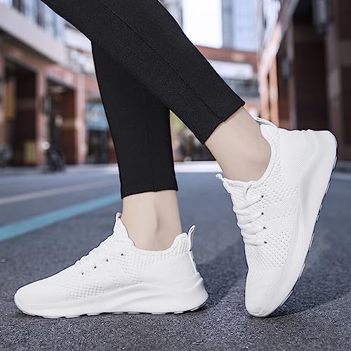 WOHHHW Women Walking Shoes Ladies Running Sneakers Breathable Mesh Sports Shoes Casual Lightweight Gym Lace up Sneakers Fitness Athletic Slip On Comfortable White US Size 8