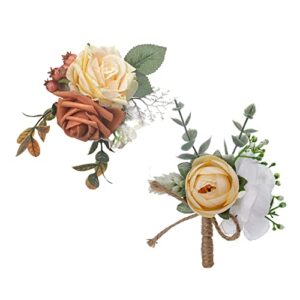 wrist corsage and boutonniere set, artificial champagne rose corsage wristlet and men's boutonniere for wedding prom party homecoming ceremony anniversary(1boutonniere+1wrist corsage)
