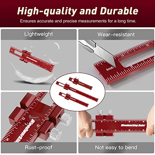 3Pcs Woodworking Ruler, 6/8/12 Inch Precision Pocket Ruler with Stops, Aluminum Metal Ruler, Inch and Metric Measuring Ruler for Woodworker, Machinist, Engineer (Red)