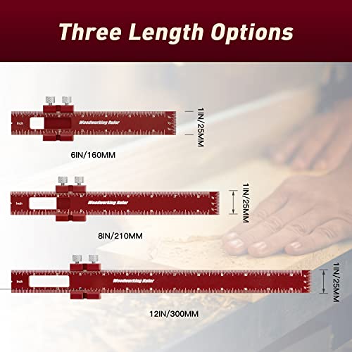 3Pcs Woodworking Ruler, 6/8/12 Inch Precision Pocket Ruler with Stops, Aluminum Metal Ruler, Inch and Metric Measuring Ruler for Woodworker, Machinist, Engineer (Red)