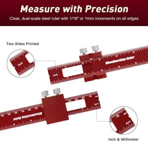 3Pcs Woodworking Ruler, 6/8/12 Inch Precision Pocket Ruler with Stops, Aluminum Metal Ruler, Inch and Metric Measuring Ruler for Woodworker, Machinist, Engineer (Red)