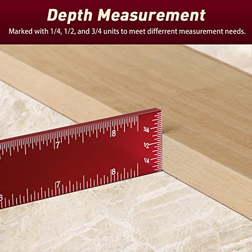 3Pcs Woodworking Ruler, 6/8/12 Inch Precision Pocket Ruler with Stops, Aluminum Metal Ruler, Inch and Metric Measuring Ruler for Woodworker, Machinist, Engineer (Red)