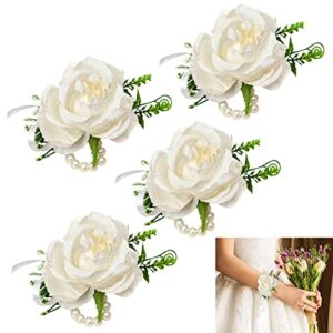 yanmucy corsage and boutonniere set flower wrist corsage bracelets for wedding white champagne blue pink prom corsage for girls boys bridesmaid best men dress suit decoration