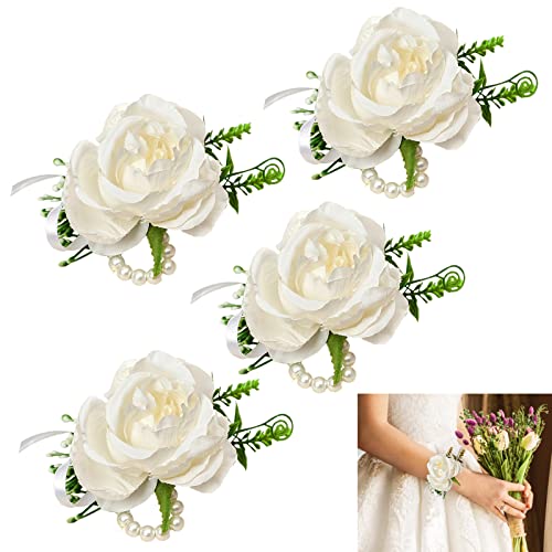 Yanmucy Corsage and Boutonniere Set Flower Wrist Corsage Bracelets for Wedding White Champagne Blue Pink Prom Corsage for Girls Boys Bridesmaid Best Men Dress Suit Decoration