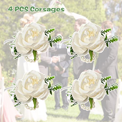 Yanmucy Corsage and Boutonniere Set Flower Wrist Corsage Bracelets for Wedding White Champagne Blue Pink Prom Corsage for Girls Boys Bridesmaid Best Men Dress Suit Decoration