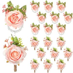 Sherr 20 Pcs Rose Wrist Corsage and Boutonniere Set Flower Wrist Corsage Wristlet Band Bracelet Bridegroom Men's Boutonniere Wedding Wristlet Hand Flower for Prom Party Bouquets Accessories (Pink)