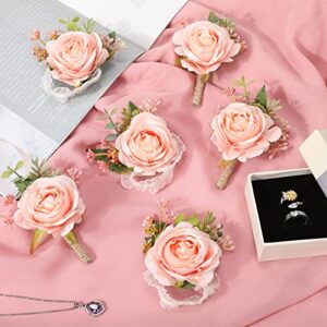 Sherr 20 Pcs Rose Wrist Corsage and Boutonniere Set Flower Wrist Corsage Wristlet Band Bracelet Bridegroom Men's Boutonniere Wedding Wristlet Hand Flower for Prom Party Bouquets Accessories (Pink)