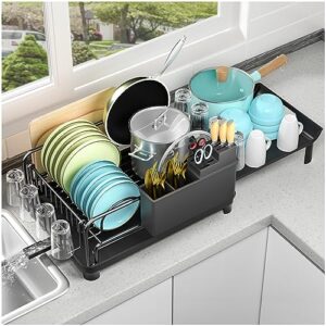 caktraie dish drying rack - expandable dish rack for kitchen counter, rust-proof kitchen dish drying rack with utensil holder, cups holder, black
