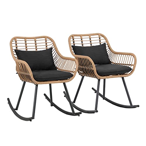 JOIVI Patio Wicker Rocking Chairs Set of 2, Outdoor Rattan Rocking Chairs with Pillows and Cushions, Front Porch Rocker with Iron Frame, Patio Lawn Garden Furniture, Black