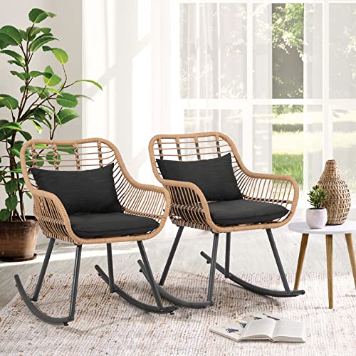 JOIVI Patio Wicker Rocking Chairs Set of 2, Outdoor Rattan Rocking Chairs with Pillows and Cushions, Front Porch Rocker with Iron Frame, Patio Lawn Garden Furniture, Black