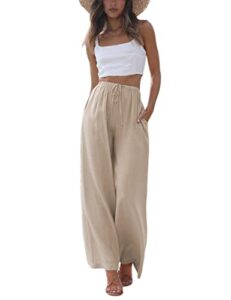 scusty women's summer cotton linen wide leg pants drawstring high waist palazzo flowy beach trousers with pockets(khaki-m)