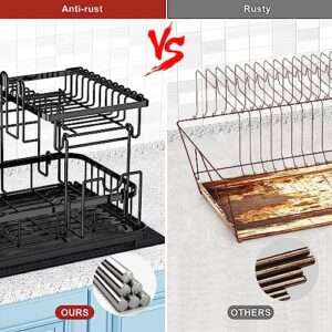 Cibert Dish Drying Rack with Drainboard, 2 Tier Dish Racks for Kitchen Counter, Black Dish Drainer Set, Kitchen Dish Dryer Rack with Dish Drying Mat, Large Dishes Rack, Dish Strainers for Kitchen Sink